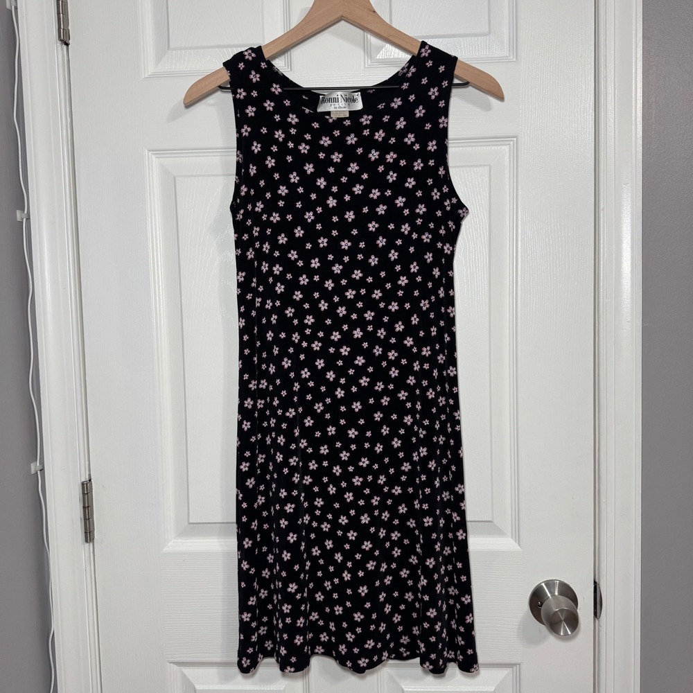 VTG Y2K Ronni Nicole Black Pink Floral Ditsy Flower Slinky Dress 4P Stretch